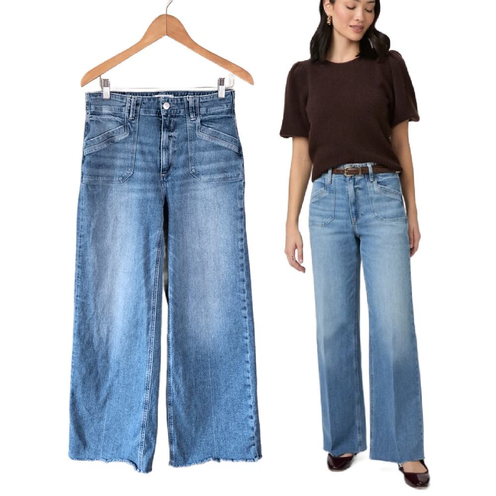 PAIGE Anessa 31" Wide Leg Jeans High Waist 29 Viva Medium Faded Wash Raw Hem
